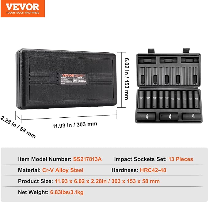 VEVOR 1/2" Drive Impact Socket Set, 13 Piece Deep Socket Set Metric 10-24mm, 6 Point CR-V Alloy Steel for Auto Repair, Easy-to-Read Size Markings, Rugged Construction, Includes Storage Case