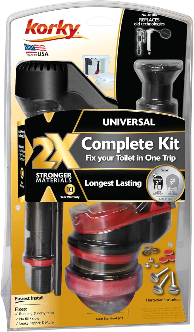 Korky 4010XP 2X Long-Life Standard 2-inch Complete Fixes: Running, Noisy, No/Slow Refill, and No/Weak Flush Easy to Install Toilet Repair Kit, Black