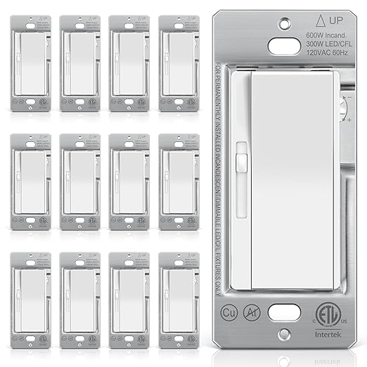 BESTTEN 12 Pack Super Slim Slide Dimmer Light Switch, Single Pole or 3 Way Dimmer Switches, Compatible with LED Dimmable Lamp, CFL, Incandescent, Halogen Bulb, ETL Listed, White