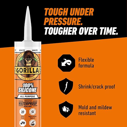 Gorilla 100% Silicone Waterproof Caulk, All‑Purpose Sealant, Mold & Mildew Resistant, Flexible Seal, White, 10 oz Cartridge (Pack of 1)