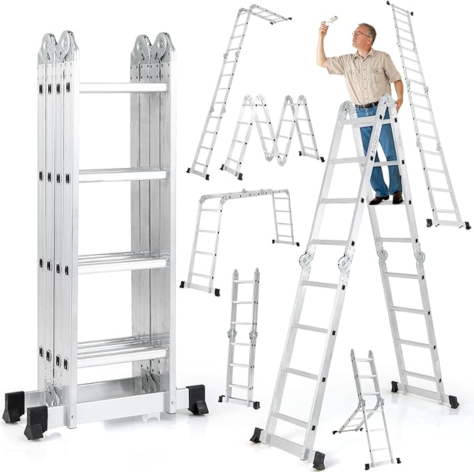 7-in-1 Folding Ladder, Multi-Purpose 15 FT Aluminum Alloy Ladder with Non-Slip Feet, Safety Locking & Heavy Duty Frame, Indoor & Outdoor Lightweight Extension Ladder, 330 LBS Capacity