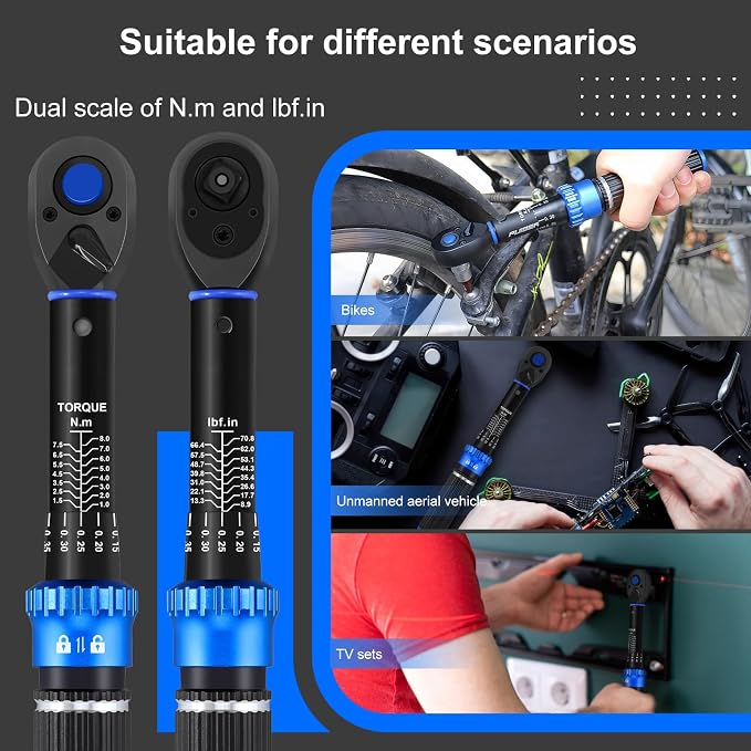 1/4" Drive Small Torque Wrench 1-8 Nm (8.85-70.8 in lb) ±3% Precision, Dual-Direction 72-Tooth Click Low Torque Wrench for Bicycle, Electronics, Small Engine Repair, and Delicate Fasteners