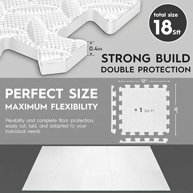 18 Tiles Puzzle Exercise Mat, EVA Interlocking Foam Floor Tiles, Non-Slip, Protective, Water-Resistant Flooring for Home Gym & Workout Equipment, 12.6" x 12.6" x 0.4", 18 Sq Ft