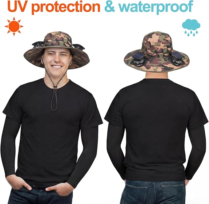 Glitopper 2 Set Wide Brim Solar Fan Hats with 2 Solar Fan and Arm Sleeves Set Outdoor Fishing Bucket Hat for Men Women Hiking