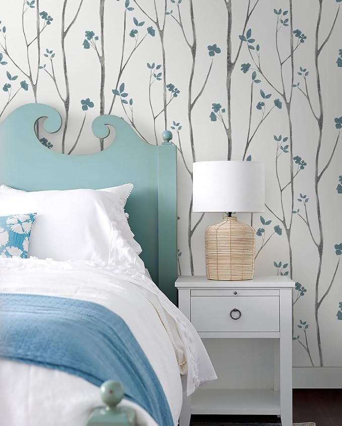 Timeet Blue White Floral Leaf Boho Wallpaper 16.14"x118.11" Self-Adhesive Removable for Bathroom, Kitchen, Bedroom