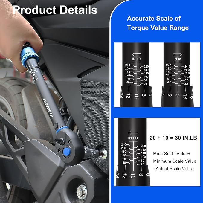 3/8" Drive Inch Pound Torque Wrench 20-240 in.lb, ±3% Accuracy, Dual-Direction 72-Tooth Small Torque Wrench Set with Extension Bar 3/8" Adapter for Bike Motorcycle Car Maintenance