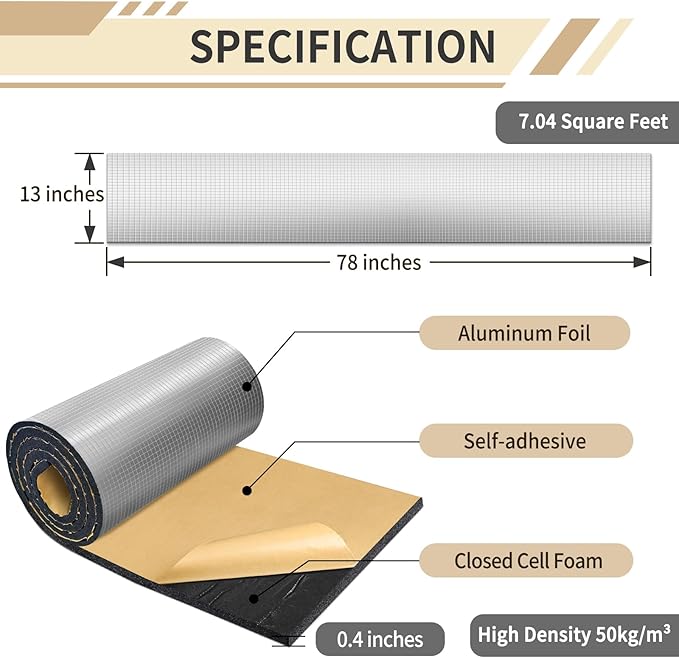 TroyStudio Sound Proof Closed Cell Foam, Self-Adhesive 13'' x 78" Heat Shield Acoustic Rubber Foam Sheet - Waterproof Noise Vibration Thermal Insulation Roll for Home, Car, HVAC, Pipe, Machine