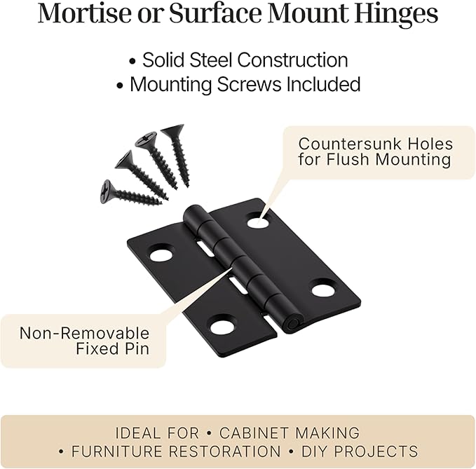 Flat Black Butt Hinges - 2" x 1-1/2" - Pack of 4 - Flush Mount Cabinet Door Hinges - Antique Furniture Hardware - BH7-SBL (2)