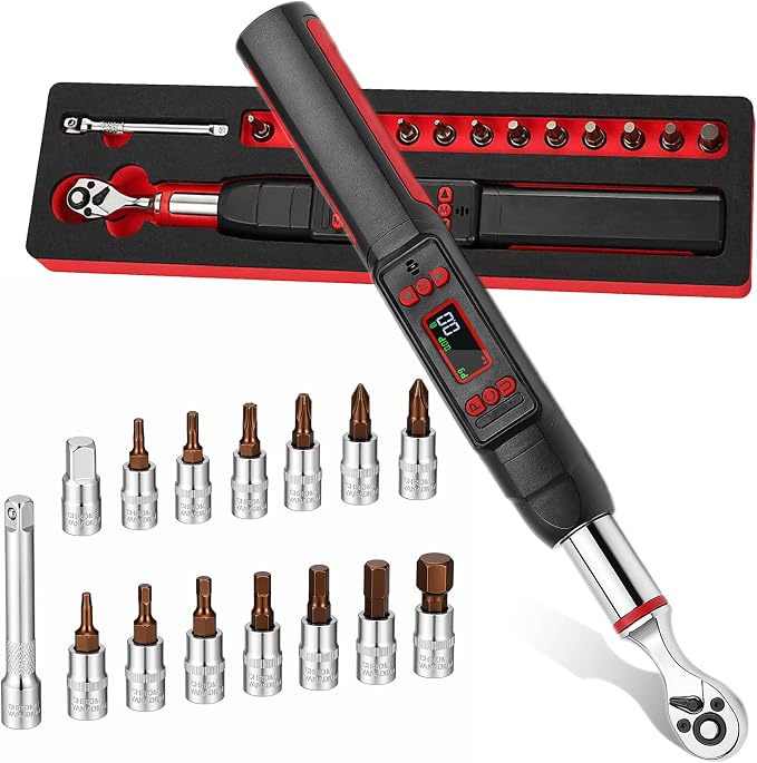 1/4" Digital Torque Wrench Set, 0.74-48 Ft-Lb(1-65Nm), ±2% CW Accuracy, Peak & Track Mode, Backlit LCD, 4" Extension Bar, Adapter, Universal Joint, Sockets Bits for Bicycle Motorcycle Auto DIY Repair