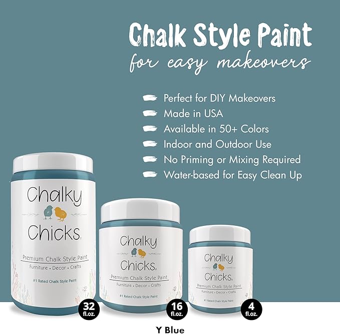 Chalky Chicks 32 Fl Oz Matte Y Blue (Medium Blue) Chalk Paint for Furniture Without Sanding - No Prep Furniture Paint No Sanding All in One for Crafts, Wood, Walls, Cabinet, Metal, Dresser, Farmhouse