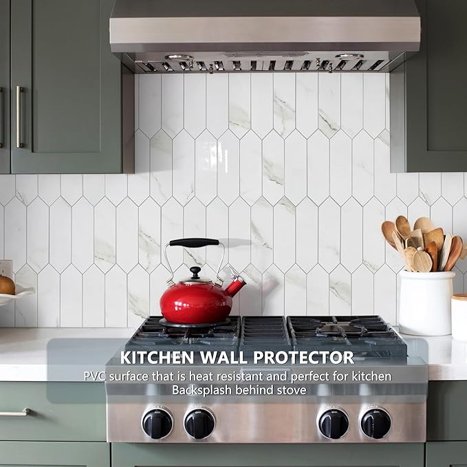 Vamos Tile 1 Sheet Glossy White Marble Backsplash Tile Peel and Stick, 12.8 x 12.8 Inch Long Hexagon PVC Self Adhesive Mosaic Wall Tiles Stick on Backsplash for Kitchen and Bathroom