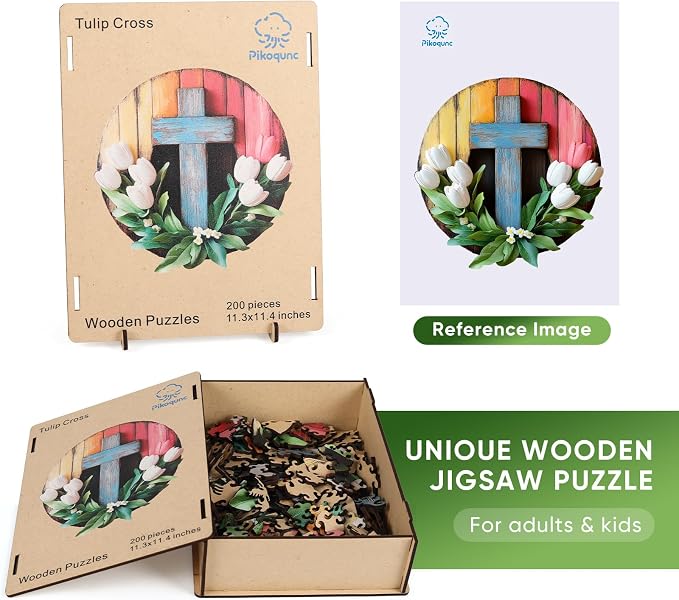 Pikoqunc Wooden Puzzles for Adults,Tulip Cross Laser-Cut Jigsaw with Premium Smooth Wood Texture,Relaxing Art Puzzle Gift for Friends and Family in Exquisite Box, 201 Pieces 11.4x11.3 Inches