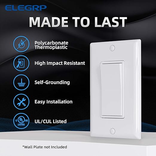 ELEGRP 4 Way Decorative Light Switch, 15Amp, 120-277 Volt, AC Decorator Rocker Paddle Wall Switch Replacement, Self-Grounding, Residential and Commercial Grade, UL Listed (5 Pack, Glossy White)