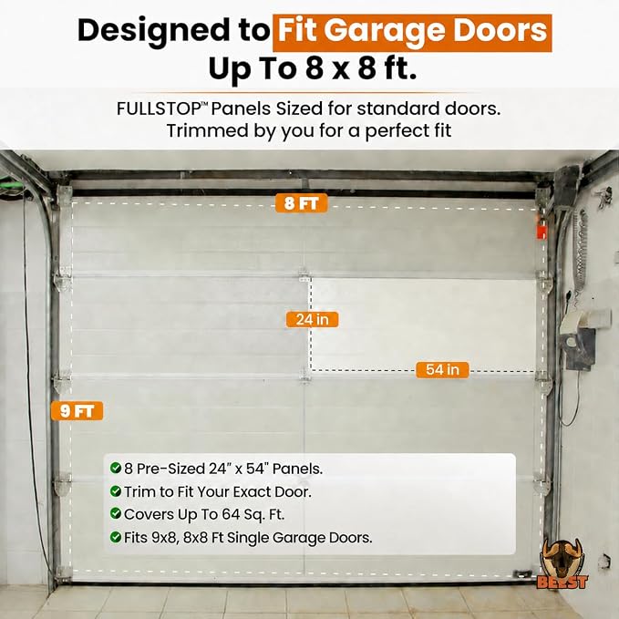BEEST FULLSTOP Garage Door Insulation Kit w/ Seals & Window Films - 9x8 & 8x8 ft Single Garage Door Insulation Panels - 8 Pre-Cut 24x54 Foam-Core Panels w/ Tape, Cutter & Squeegee