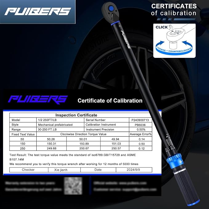 Torque Wrench 1/2 drive, 30-250 FT.LB/40.7-339 Nm, Dual-Direction Adjustable 1/2 Torque Wrench, 72-Tooth Click Dual Range Scales Wrenches for Car, Truck,Tractor