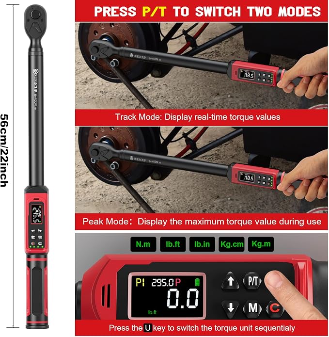 1/2" Digital Torque Wrench (4.4-295 Ft.lb / 6-400Nm) for Auto/Truck | ±1% Accuracy, Electronic Torque Wrench, Vibration/Buzzer/LED Alerts, 9 Presets & 5 Units, for Truck, Trailer & Heavy-Duty