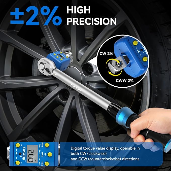 DISEN 1/2" Digital Torque Adapter Set (10-200 N.m / 7.4-147.5 ft-lb), ±2% Accuracy, Mem & Trace Modes, Buzzer & LED Alert,Works with Ratchet & Breaker Bar, for Automotive Motorcycle