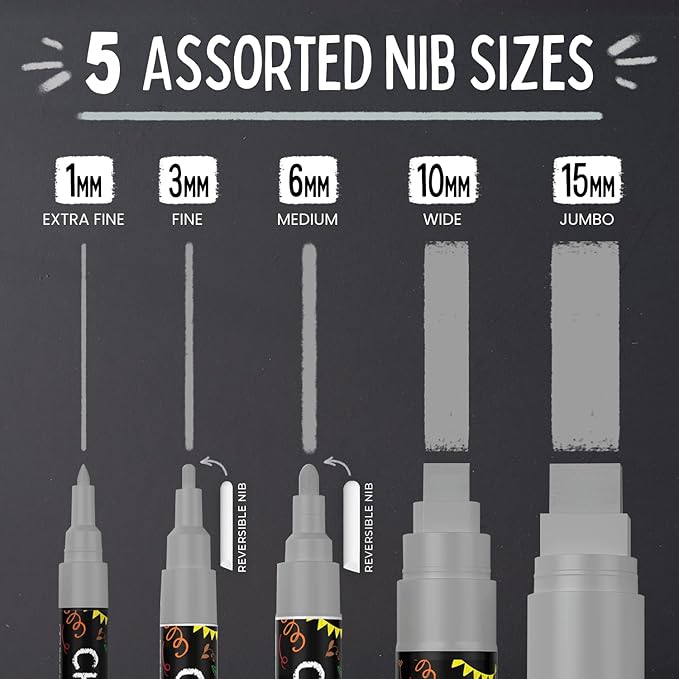 Chalkola 5 Grey Chalk Markers - Dry Erase Markers for Blackboard, Chalkboard Signs, Windows, Glass, Car | Variety Pack - Chalkboard Chalk Pens, Fine & Jumbo Size Ink Pen (1mm, 3mm, 6mm, 10mm, 15mm)