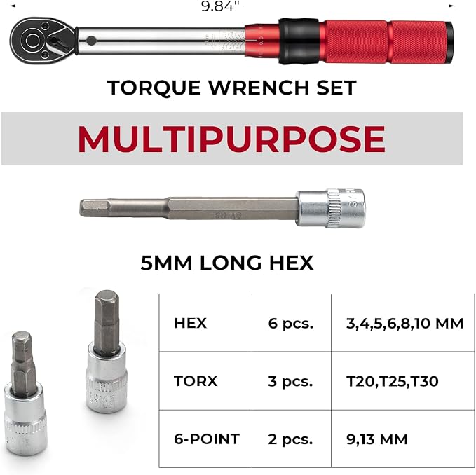 ROCKBROS Bike Torque Wrench 1/4 Inch 13-Piece Kit | 72-Tooth Gear, 2 to 24 Nm / 17.7~212.42 in-lb, Dual-Direction Click Type, 0.2 Nm/0.5° Micro-Adjustment Bike,E-Bike,Motorcycle