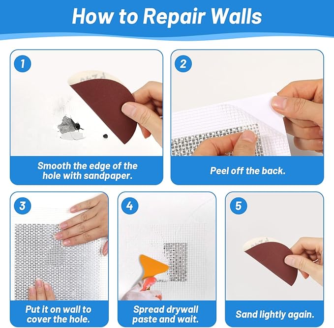 12 PCS 4/6/8 Inch Wall Repair Patch Kit, Aluminum Mesh Dry Wall Hole Repair Patch with Scraper Sandpapers Gloves Heavy Duty Wall Repair for Large Holes Quick Fixes