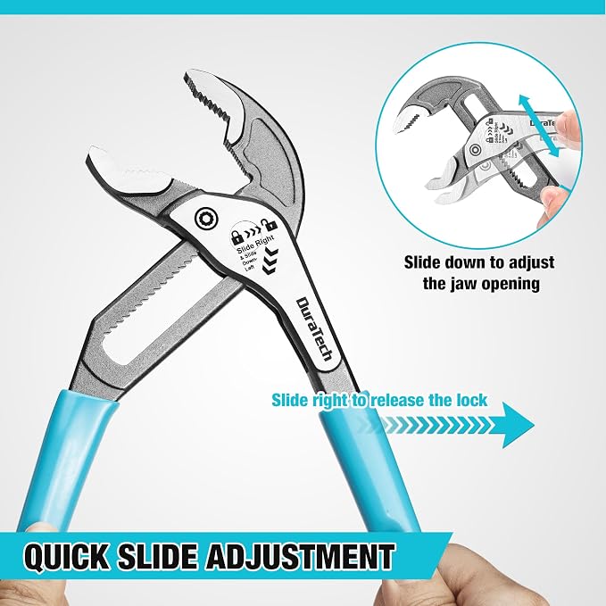 DURATECH 8-Inch Water Pump Pliers, Quick-Adjust Groove Joint Pliers | Tongue and Groove Pliers, Slide-to-Unlock Mechanism, V-Jaw Design, Cr-V Steel, For Plumbing, Automotive and Household Repairs