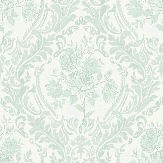 Ismoon Peel and Stick Wallpaper Vintage Floral Contact Paper Boho Watercolor Sage Green Damask Wallpaper Textured Removable Self Adhesive Vinyl Wall Paper for Bedroom, 17.3inx16.4ft