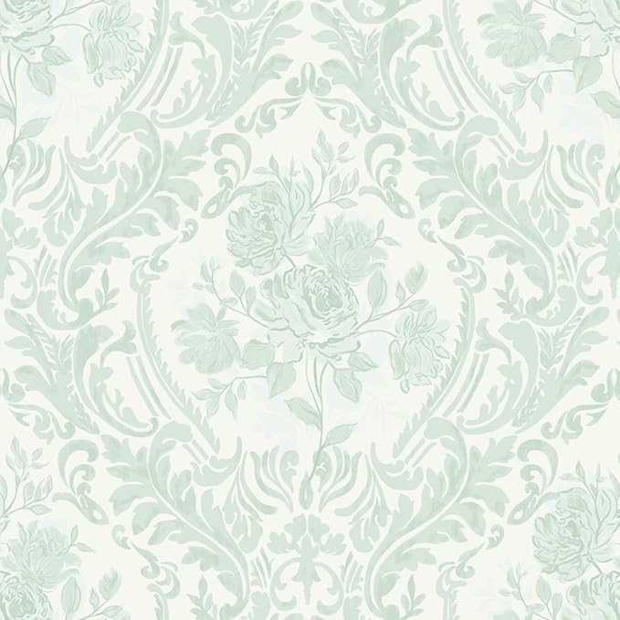 Ismoon Floral Wallpaper Peel and Stick Sage Green Contact Paper Boho Vintage Watercolor Damask Wallpaper Textured Removable Self Adhesive Vinyl Wall Paper for Bedroom, 17.3 in X 6.5 ft