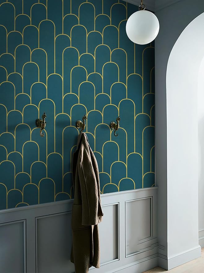 Yasinet Peel and Stick Wallpaper Green and Gold Wallpaper Dark Green Contact Paper Modern Geometric Removable Self Adhesive Wall Paper for Bedroom/Cabinet Waterproof for Bathroom Vinyl 17.3''x118''