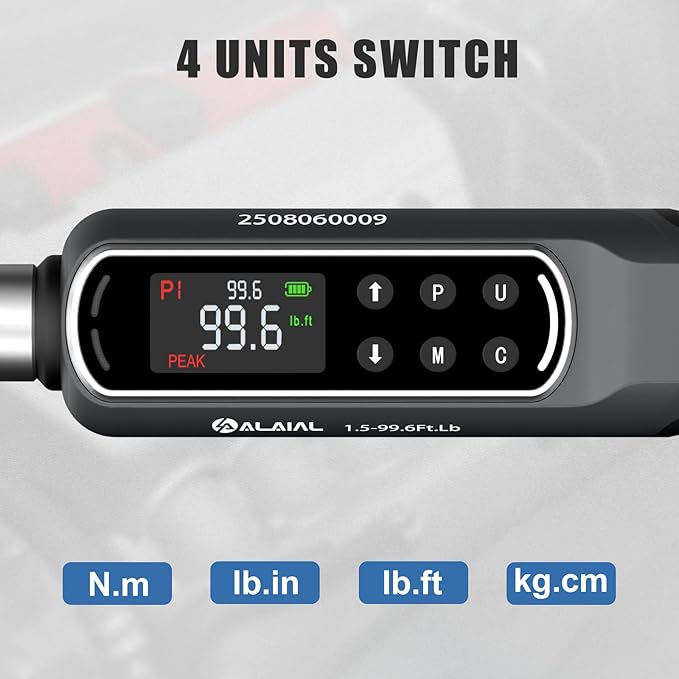 Digital Torque Wrench 3/8 Drive, 1.5-99.6 ft-lb ±2% Accuracy | LED Display, Buzzer&Vibration Alert, 2 Modes, 10 Presets&500 Data Logs, for Lug Nuts, Automotive, Motorcycle Repair
