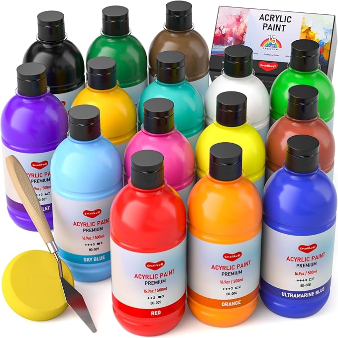 Smallbudi 15 Colors Large Acrylic Paint Set (16.9 oz,500 ml), Bulk Acrylic Paint Non-Toxic Art Painting Supplies on Multi Surface Pumpkin Canvas Wood Craft Fabric Rock for Artist Kids with Color Wheel