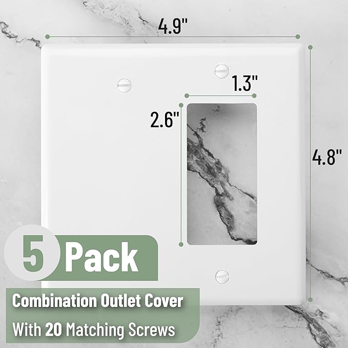 Bates- Combination Wall Plate, 4.8"x4.9", 5 Pack, Decorator/Blank, White, Polycarbonate Thermoplastic, 2 Gang Wall Plate for Electrical Outlets