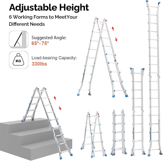 LUISLADDERS A Frame Step Ladder Telescoping Ladder, 19 ft Multi Position Folding Ladder with Flared Leg & Wheels Design, 330 lbs Capacity Extension Ladder for Household Outdoor Work, Aluminum, 19 FT