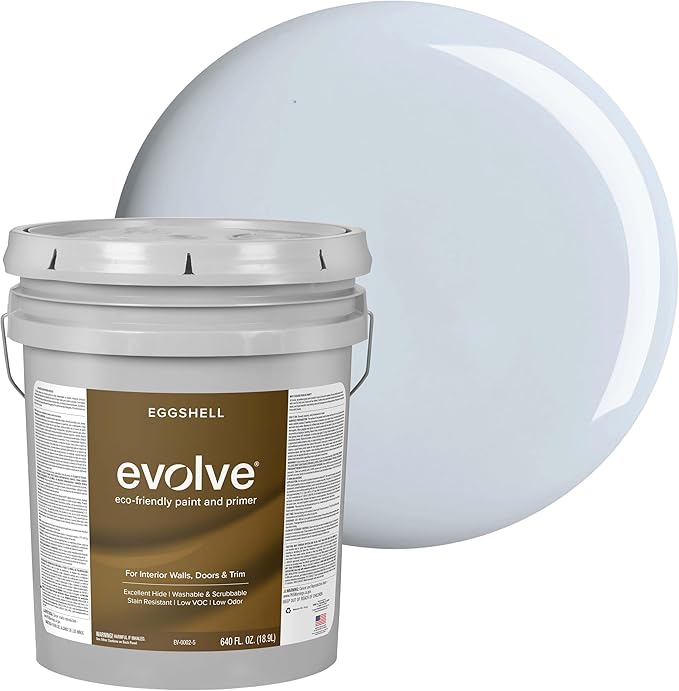 EVOLVE Interior Paint & Primer, Eggshell (Pale Blue), 5 Gallon – One-Coat Coverage, Excellent Hide, Low VOC, Low Odor, Washable Paint for Walls, Doors & Trim