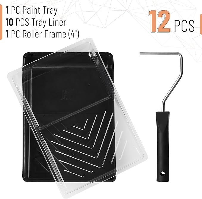 Bates- 6 Inch Paint Roller Tray Set, 12 pcs, 6 Inch Paint Tray Kit, 1x Black Plastic Paint Tray, 10x Transparent Liners & 1x 4 Roller Frame