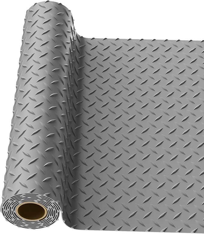4x8 FT Garage Floor Mat, 2.8mm Thickened PVC Flooring Roll for Under Car, Golf Cart Parking Mat, Diamond Plate Gray Motorcycle Mat for Warehouse, Basement, Gyms, Trailer（Included Tapes）