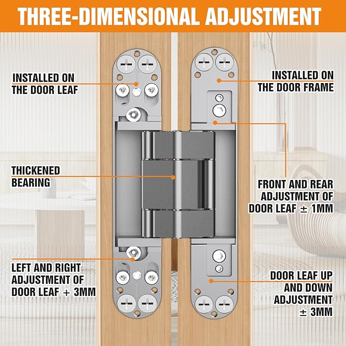 6" Hidden Door Hinge/Concealed Hinges,Invisible Hinges,Invisible Door Silent 180 Degree Swing Hinge 3-Way Adjustable Butt 6 x 2.5 x 1inch (Silvery, 6 inches)