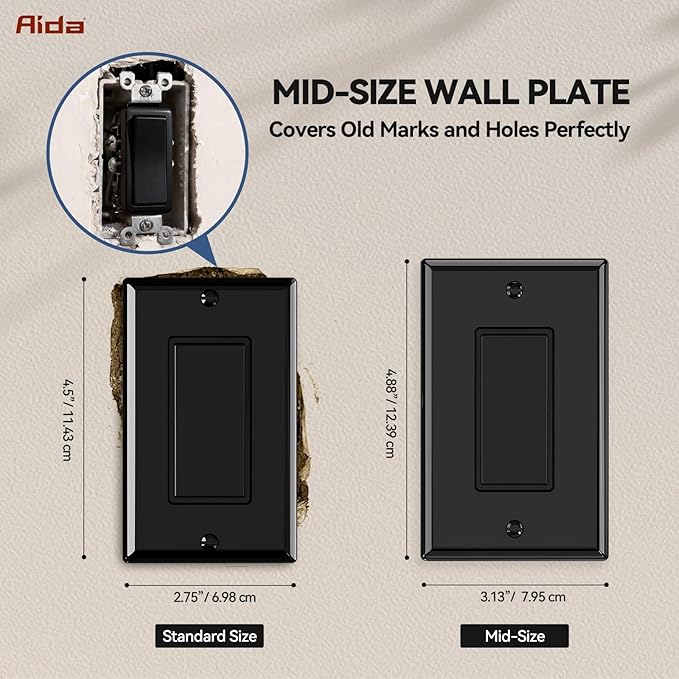 AIDA 1-Gang Midsize Light Switch Cover Plate, Decorative Outlet Covers - Glossy Black, 4-Pack Unbreakable Polycarbonate Wall Plates for Decorator Device, UL Listed, 4.88" H x 3.13" L