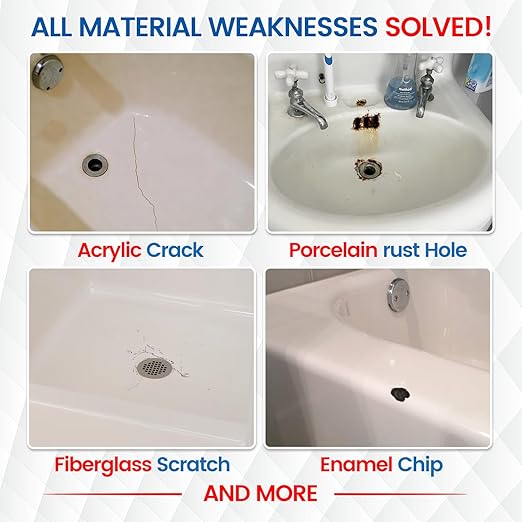 Bathtub & Shower Repair Kit White, Acrylic, Enamel, Fiberglass Tub & Sink Professional Fix for Chips, Cracks, Scratches & Holes in Sinks, Showers, Toilets & Ceramic Tiles