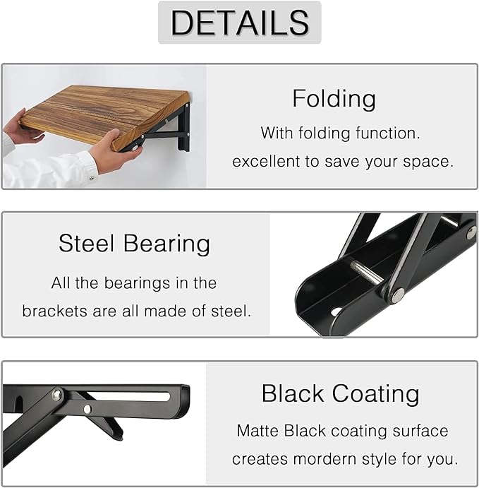 Folding Shelf Brackets - 18 Inch 2 Pcs DIY Wall Mounted Shelf Brackets for Garage Workstation, Stuff Supports, Plant Stand - Heavy Duty Metal Collapsible Floating Shelf Bracket Black