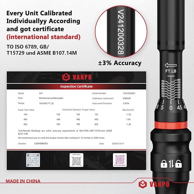VANPO Torque Wrench 3/4 Inch Drive 100-800 Ft-Lb, 48" Length, ±3% Accuracy | Heavy Duty for Truck, Construction & Agricultural Equipment, Click Style, Dual Direction, TPR+ABS Handle, with Carring Case