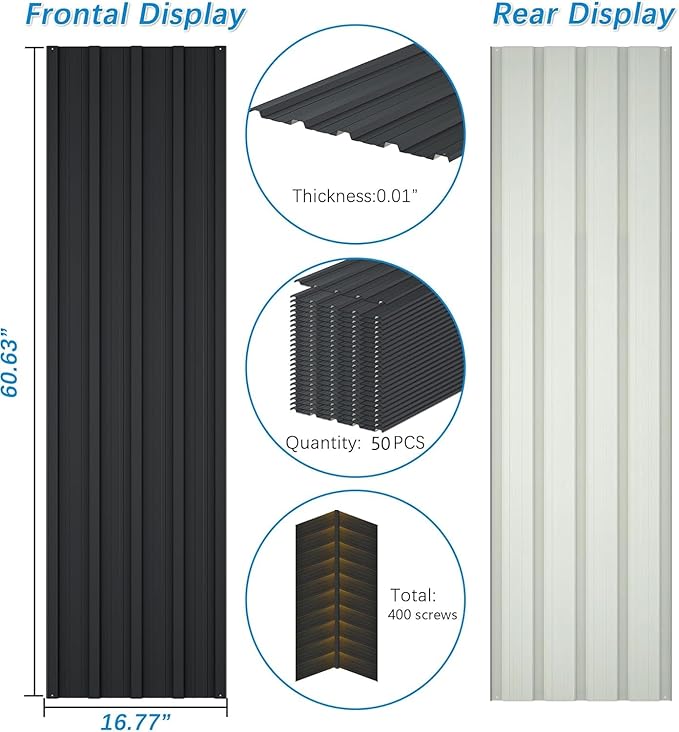 50 pcs Metal Roofing Panels L60.63×W16.77 Inch Galvanized Steel Corrugated Roof Panels Gazebo Top Cover Garages,Sheds, Stables and Mobile Homes Replacement for Patio Outdoor Garden, Black