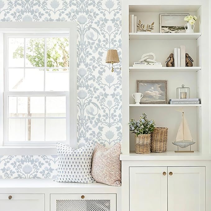 YXTII 590.5" × 17.3" Blue Floral Peel and Stick Wallpaper, Damask Vintage Wallpaper for Bedroom Bathroom Self Adhesive Removable
