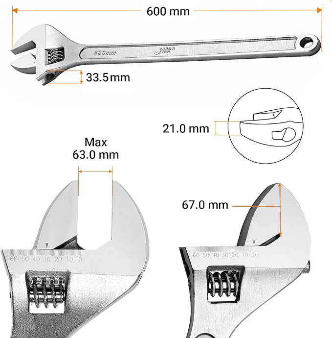 Jetech 24-Inch Adjustable Wrench, Professional Heavy Duty, Chrome Vanadium Steel, Shifter Spanner with Inch/Metric Scale, Wide Caliber Opening, Rust-Resistant Finish, Extra-Long Leverage