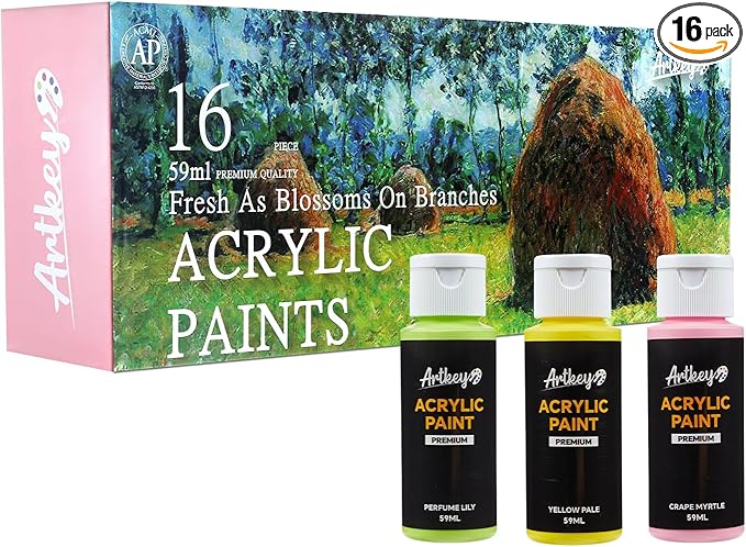 Artkey Acrylic Paint Set, 16 Colors 2 oz/59 ml Acrylic Paint Kit for Professional Artists & Beginners – Spring Pastel Art & Craft Supplies for Canvas, Wood, Fabric, Rock, Leather, Ceramic, Glass