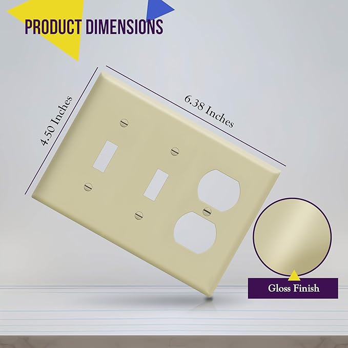 ENERLITES Combination Triple Gang Wall Plate, Double Toggle Switch/Single Duplex Receptacle Cover Plate, Standard Size 3-Gang 4.5" x 6.38", Polycarbonate Thermoplastic, 881221-I, Ivory