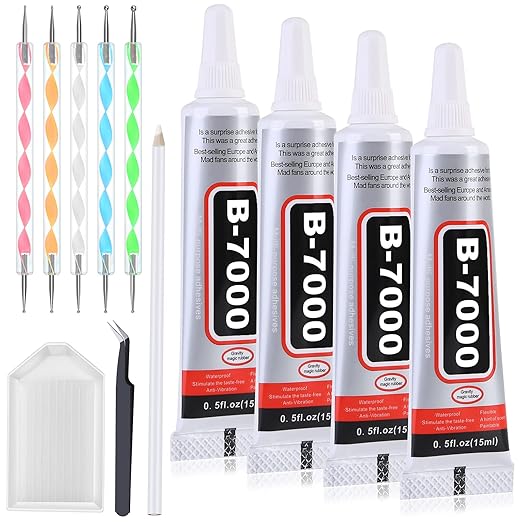 B7000 Glue with Rhinestone Applicator Kit, Clear B-7000 Glue with Precision Tip Art Dotting Stylus Pens Super Glue Adhesive for Phones Repair Jewelry Bead Nail Crafts DIY (4 PCS, 15 ML/ 0.5 oz)