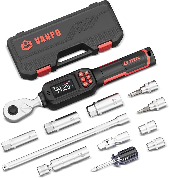 VANPO Spark Plug Socket Set with Digital Torque Wrench 3/8, 2.2-44.2 ft.lb | 3-60 N.m, ±2% Accuracy, Spark Plug Wrench with LED Buzzer Alert, Ideal for Motorcycle & Engine Repair