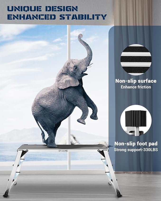 Aluminum Work Platform, Folding Work Platform Two Step Ladder, 50"×12"×27" Heavy Duty Ladder 𝐋𝐚𝐫𝐠𝐞 𝐒𝐢𝐳𝐞 Step Stool for Home, Office, Workshop and Garage