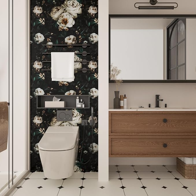 Laatse Dark Floral Wallpapr Peel and Stick Boho Wallpaper 17.5in x 118in Black Contact Paper Waterproof Self Adhesive Vintage Large Floral Wall Paper for Bedroom Walls Cabinet Decor