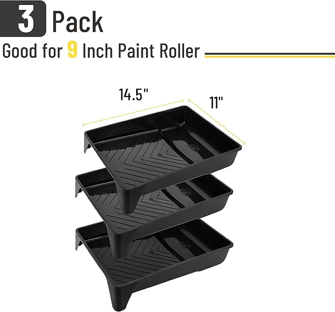 Bates- 9 Inch Paint Tray, 3 Pack, Black Plastic Paint Roller Tray 9 Inch, Deep Capacity, Textured Ridge